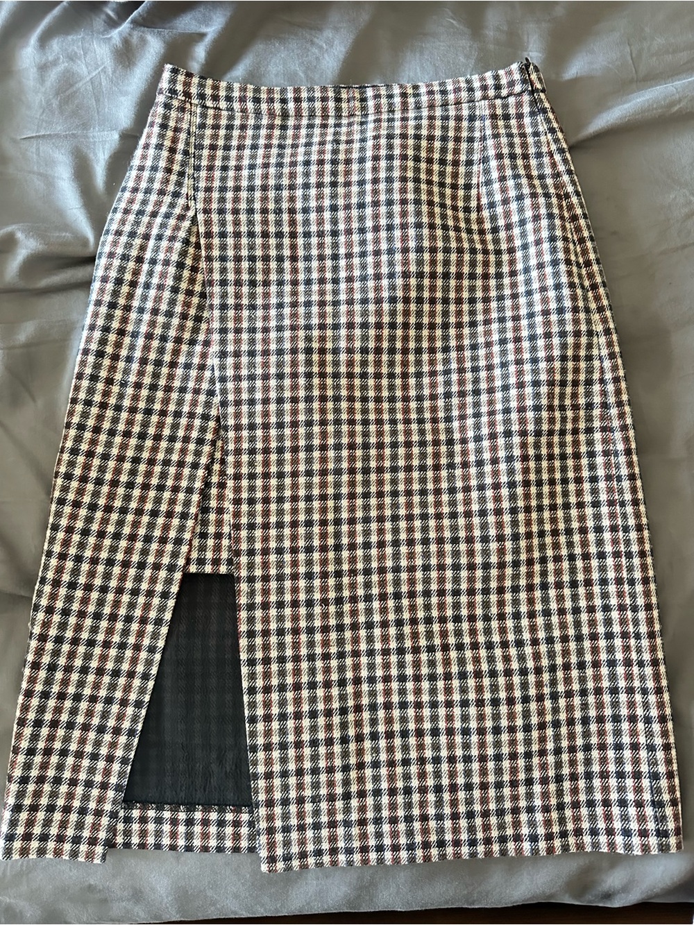 Plaid Pencil Skirt with Front Slit - Black, White & Brown
